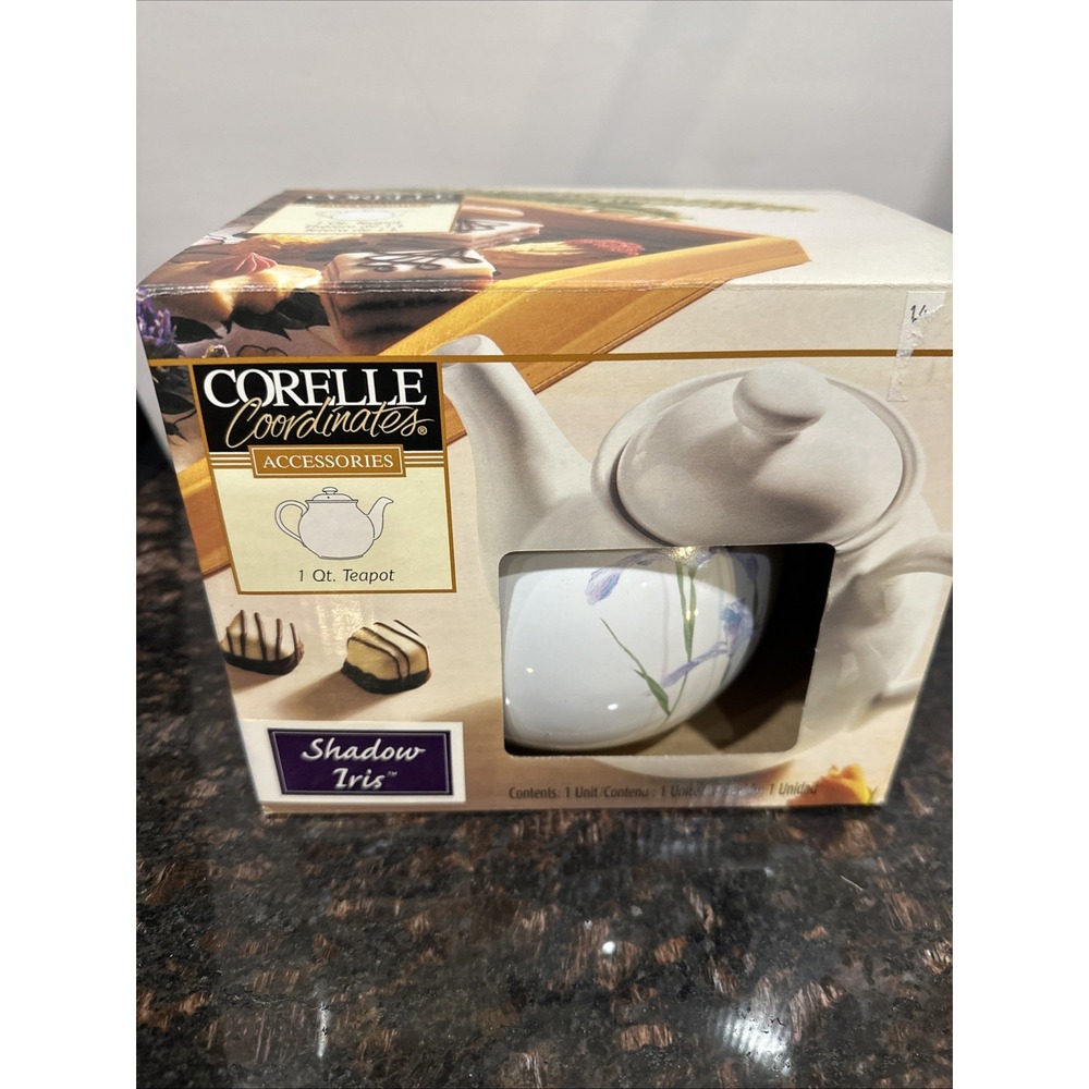 1997 Corelle Coordinates SHADOW IRIS Stoneware Gravy Boat & Under-plate (In Box)